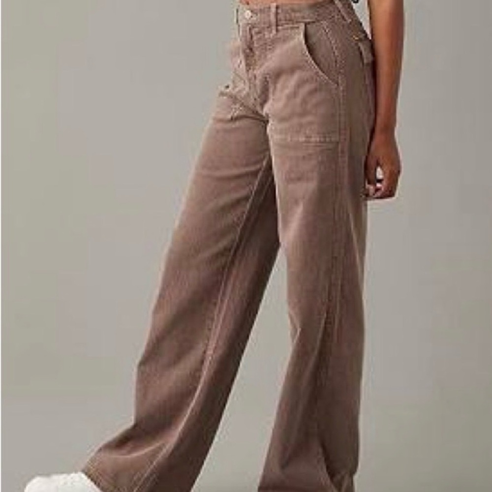 American Eagle Pants Womens 12 Brown Super High Rise Baggy Wide Leg Stretch AE